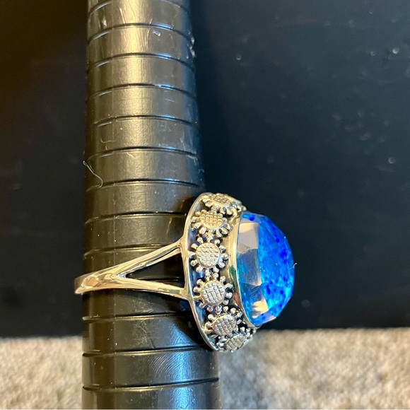Sajen Sterling Silver Blue Opal Quartz Double + Sunflower Dome Ring Size 8.5 - Picture 2 of 6